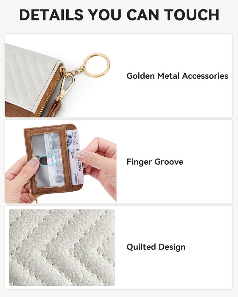 Bostanten Credit Card Holder Wallet RFID Blocking Leather Small Wallet for Women Zipper Keychain Wallet with Wristlet Beige＆Brown - Image 3